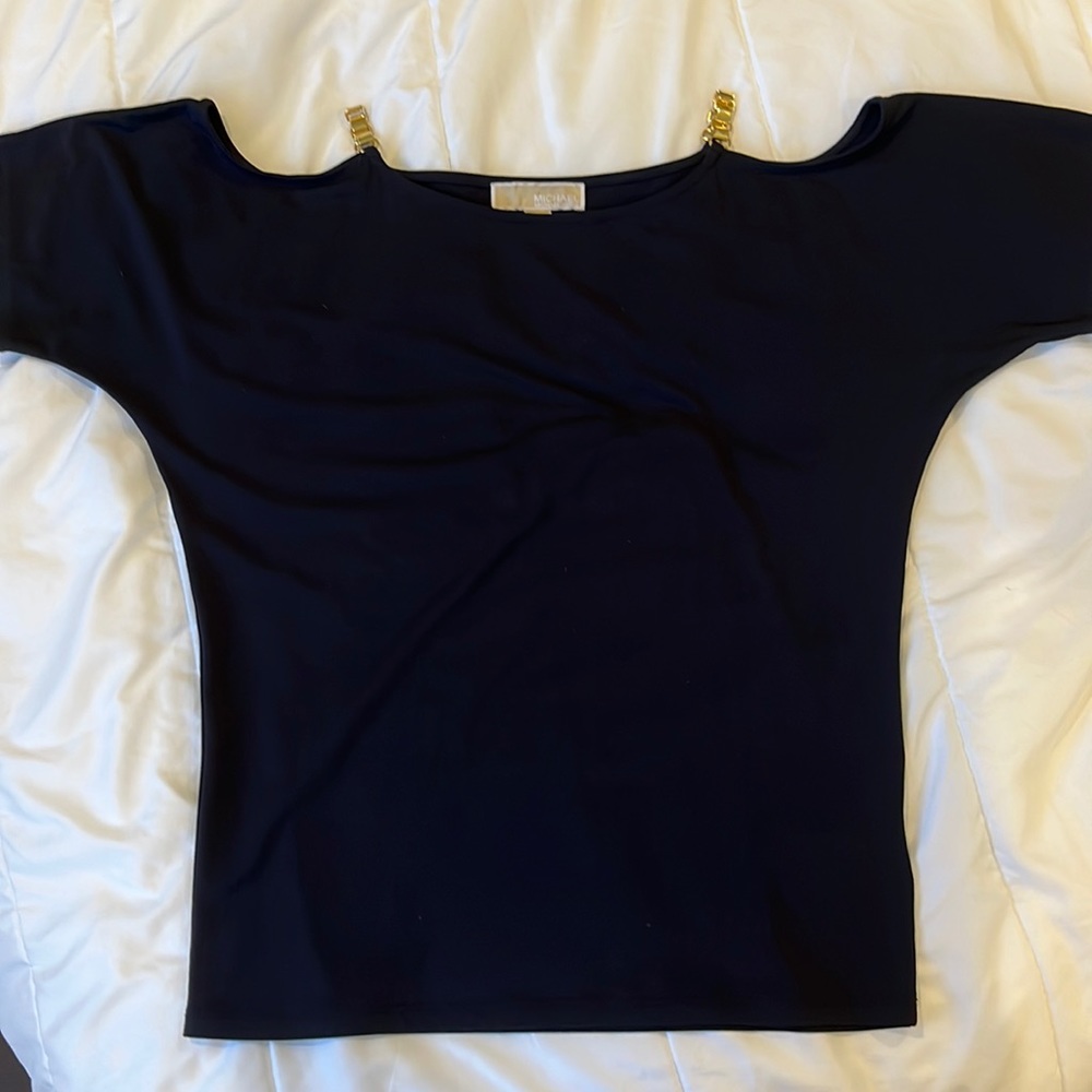 Michael Kors cold shoulder blouse with chains at shoulder